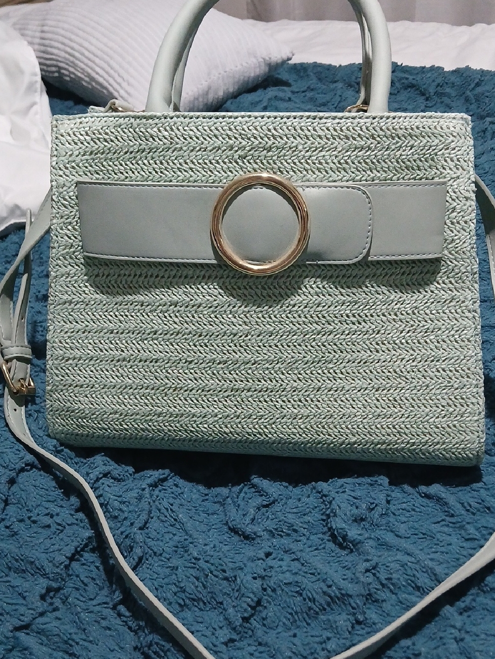 JustFab Mint Woven Satchel with Gold Ring Accent